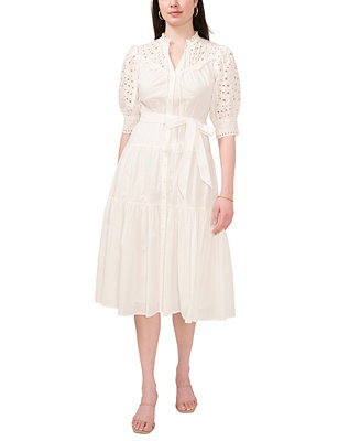 CeCe Women's Cotton Eyelet Short Puff Sleeve Midi Dress - Macy's | Macy's