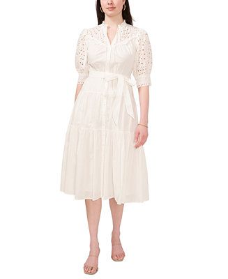 CeCe Women's Cotton Eyelet Short Puff Sleeve Midi Dress - Macy's | Macy's