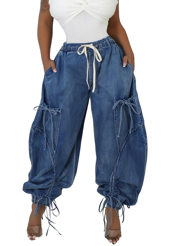 Unybwonn Women Baggy Barrel Jeans High Waisted Y2k Drawstring Bow Tie Cargo Jean Retro Wide Leg A... | Amazon (US)