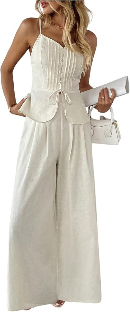 SOLY HUX Women's 2 Piece Summer Outfit Button Down Peplum Cami Top and Wide Leg Pants Set | Amazon (US)