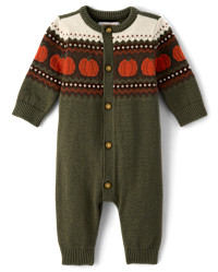 Baby Boys Pumpkin Fairisle Sweater Romper - The Harvest Edit - Green | Gymboree