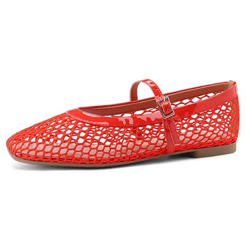 Rihero Women's Mesh Flats Comfortable Dressy Red Ballet Flats Square Toe Buckle Strap Fishnet Cute Mary Jane Flats Size 5.5 | Amazon (US)