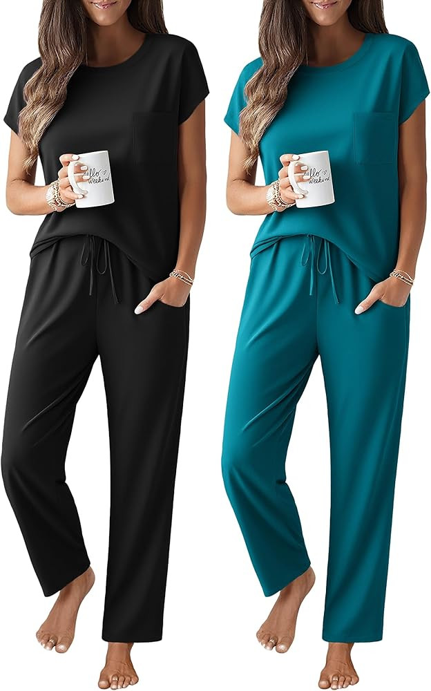 Ekouaer 2 Packs Pajamas for Women Set Cap Sleeve Top and Pants Soft Sleepwear Comfy Pjs Set with ... | Amazon (US)