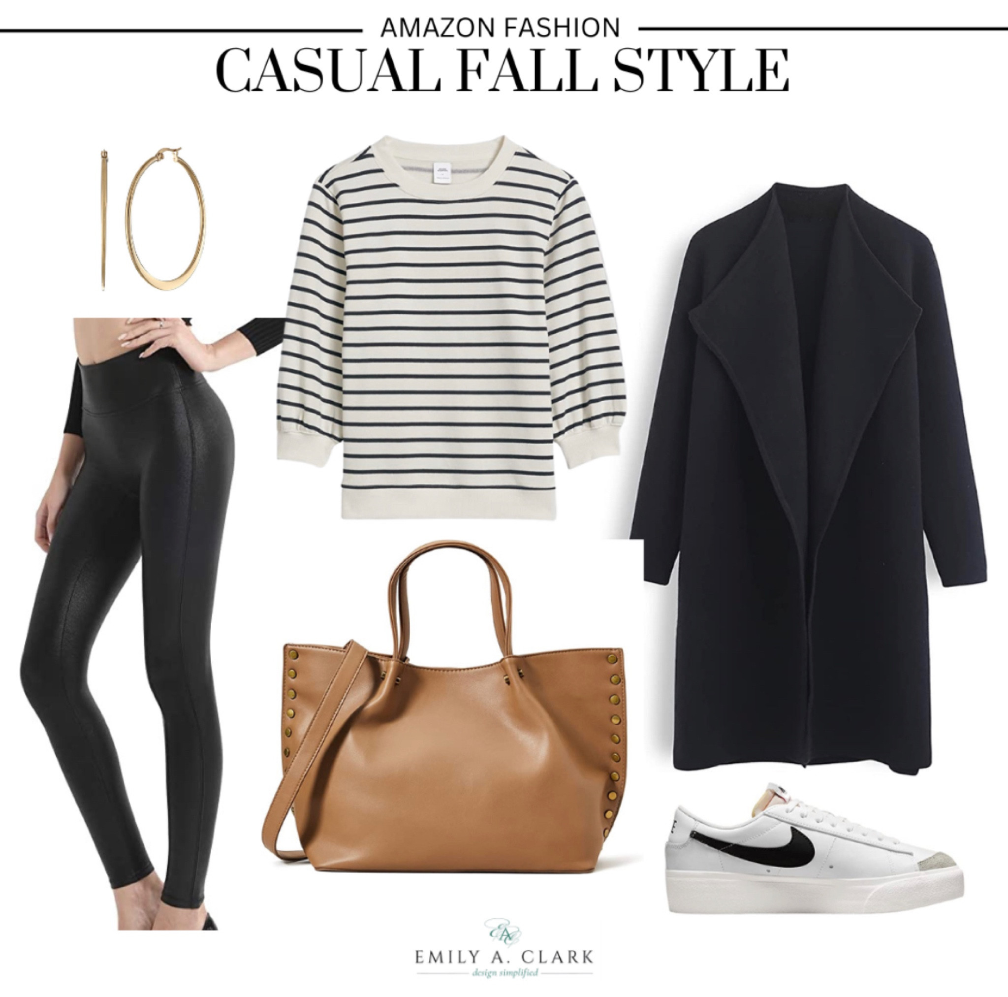 Casual fall style from Amazon fashion. Leather leggings, gold hoop earrings, striped sweatshirt, camel tote, Nike blazers, black cardigan￼

#LTKunder100 #LTKshoecrush #LTKstyletip