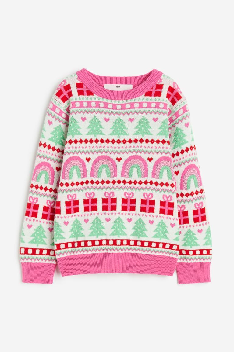 Jacquard-knit Sweater - Pink/Christmas trees - Kids | H&M US | H&M (US + CA)