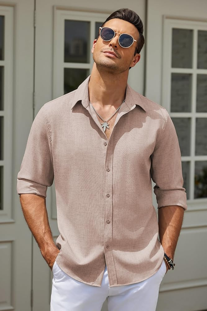 COOFANDY Men's Long Sleeve Button Down Linen Shirt Casual Untucked Chambray Shirt Wrinkle Free We... | Amazon (US)