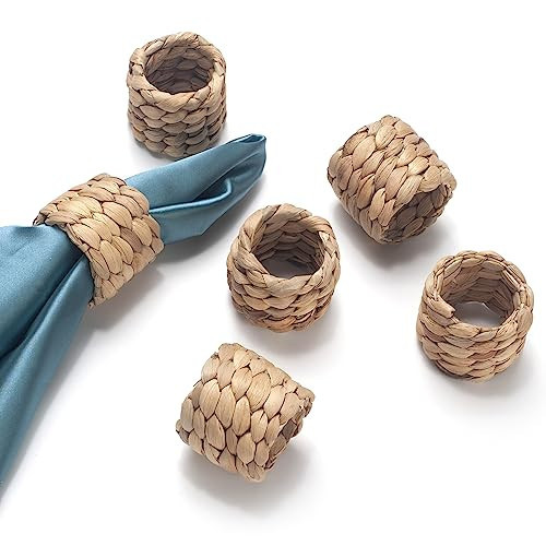 Napkin Rings Set of 6, Handmade Water Hyacinth Boho Napkin Rings, Rustic Farmhouse and Beach-Inspired Rattan Napkin Rings for Elegant Table Decoration, Perfect for Christmas Table Decor, Wedding Decor | Amazon (US)