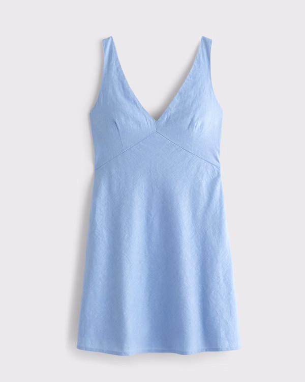 V-Neck Linen-Blend Mini Dress | Abercrombie & Fitch (UK)