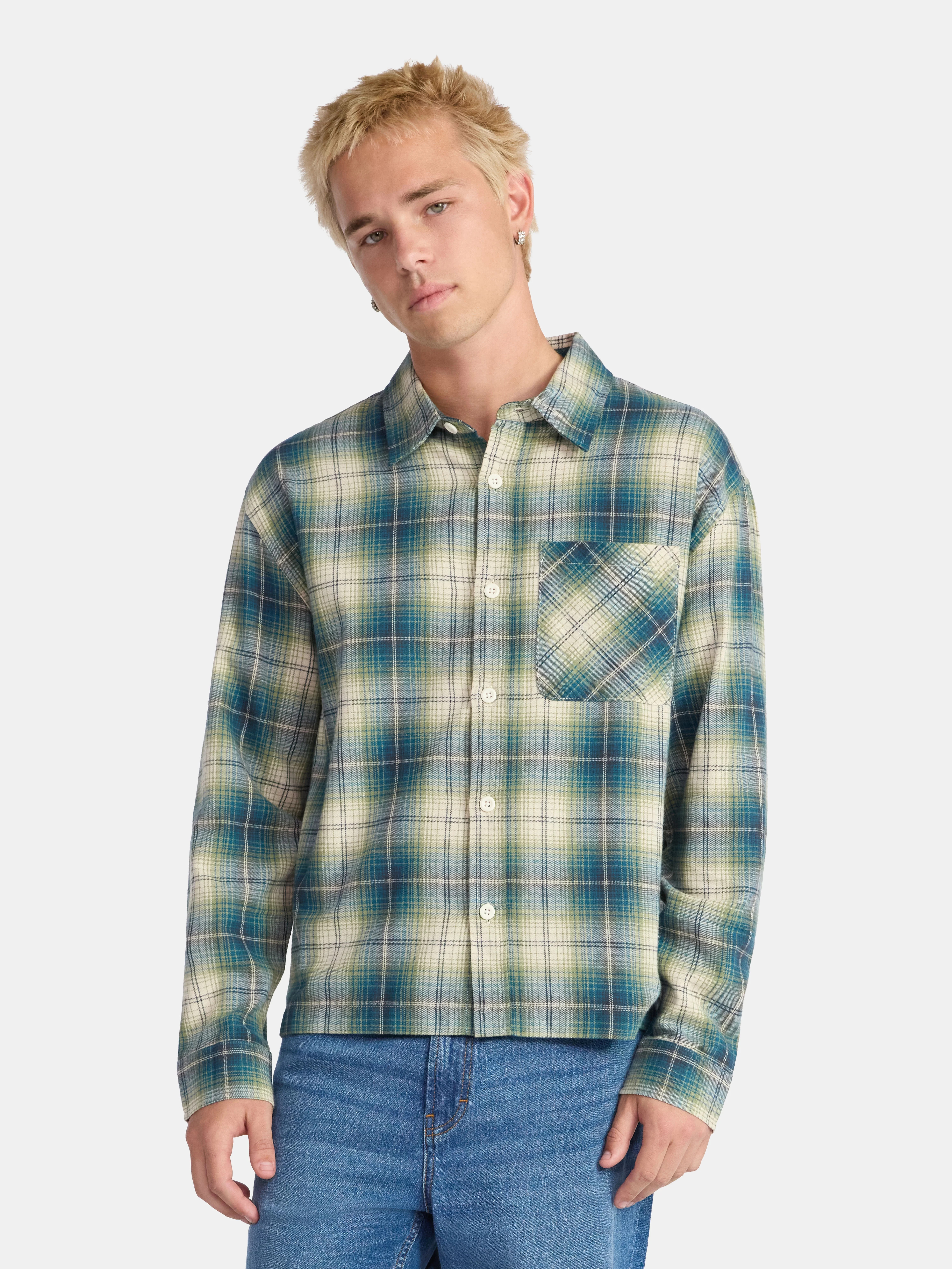 No Boundaries Collared Cotton Flannel Shirt, Men's and Big Men's | Walmart (US)