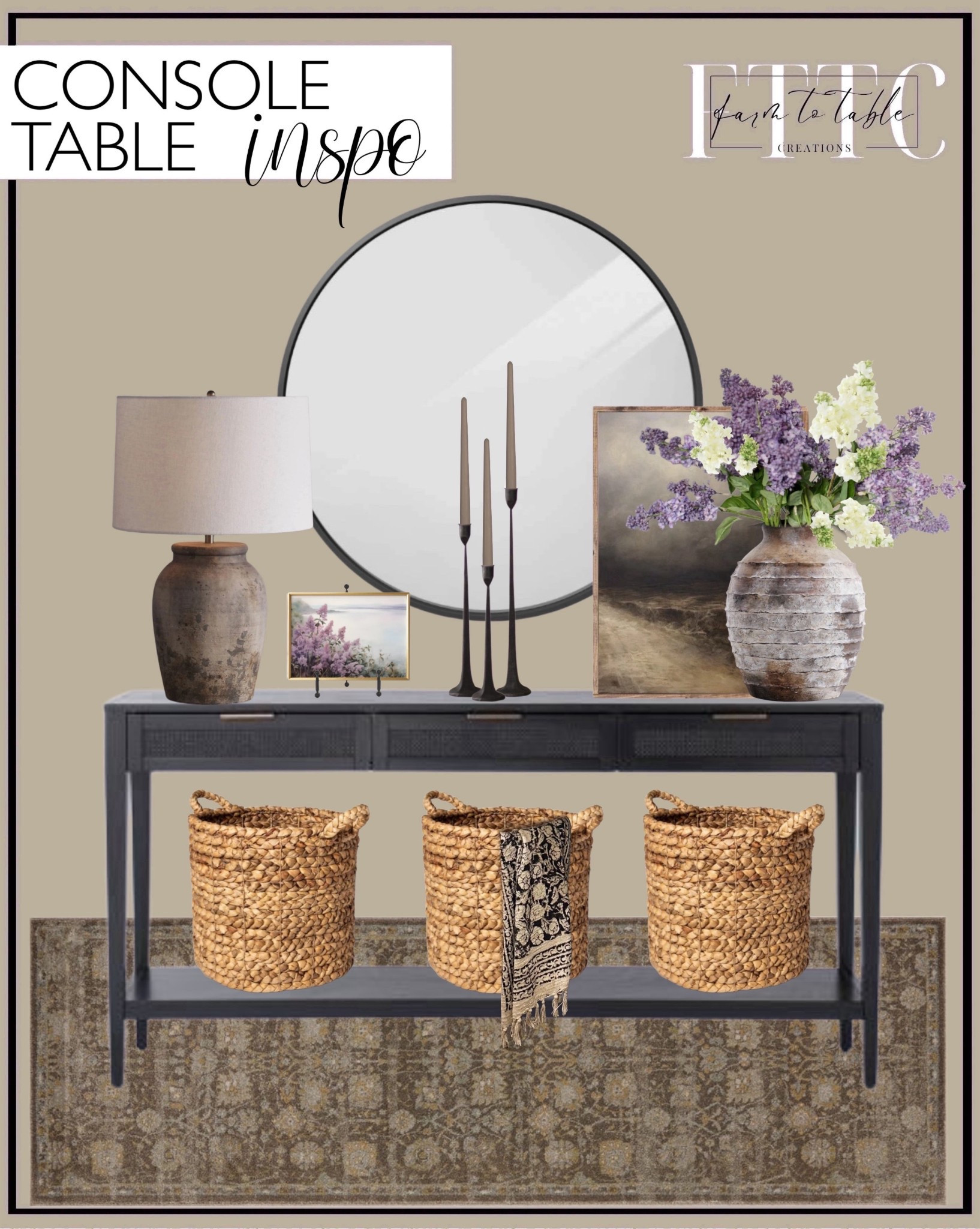 Console Table Inspo. Follow @farmtotablecreations on Instagram for more inspiration.

East Bluff Woven Drawer Console Table - Threshold designed with Studio McGee. Mona - MOA-03 Area Rug by Magnolia Home by Joanna Gaines x Loloi. Best Choice Products 36in Framed Round Wall Mirror. Moody Dark Tone Abstract Canvas Printed Sign. Artisan Handcrafted Terracotta Vases. Tripar Modern Tripod Easel Display. Arhaus Thornton Table Lamp. Iron Taper Candle Holder. Purple Artificial Lilac Flower Branch - 34.5. Console Decor. Spring Console. Floral Spring Print Lilac Landscape Printable Foggy Coastal Artwork Purple Flowers Fake Lilacs Flower in Cream - 25". Build A Sign. Vintage Rustic  

#LTKFindsUnder50 #LTKSaleAlert #LTKHome