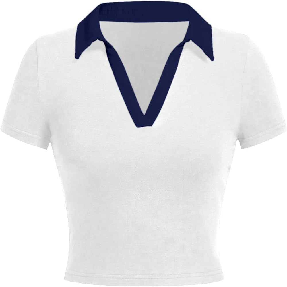 Avanova Women Polo Collared V Neck Tee Shirts Ringer Short Sleeve Crop Tops | Amazon (US)