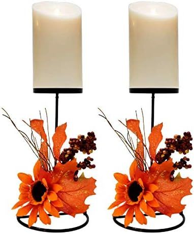Thanksgiving Candle Holders for Table Centerpiece Set of 2 Fall Metal Pillar Candles Orange Berry... | Amazon (US)