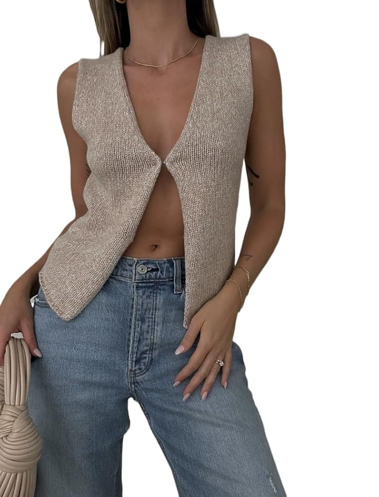 Women Y2k Crochet Vest Top Vintage Solid Color V Neck Sleeveless Button Down Crop Tops Streetwear | Amazon (US)