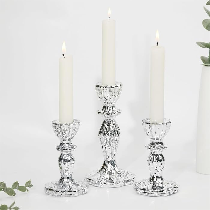 Glass Candlestick Holders Set of 3, Silver Mercury Candle Holder Taper Candle Holders for for Can... | Amazon (US)