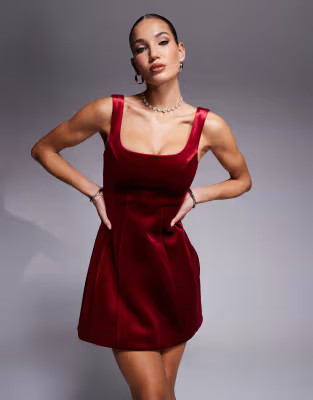ASOS DESIGN velvet square neck seam detail mini dress in burgundy | ASOS (Global)
