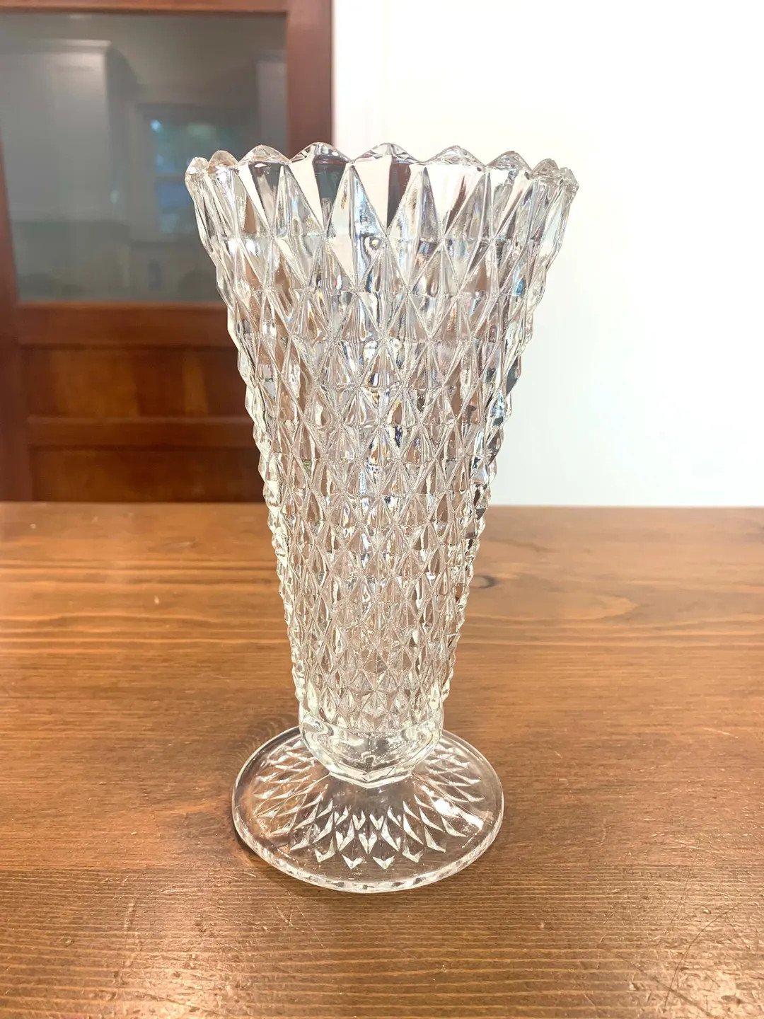 Vintage Indiana Diamond Cut Clear Glass Pedestal Vase - Etsy | Etsy (US)