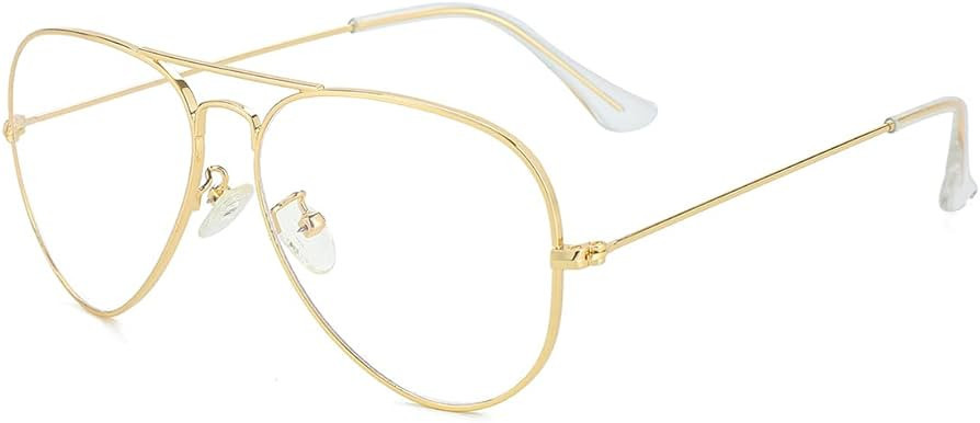 Classic Aviator Blue Light Glasses for Women Men, Metal Frame Clear Lens Eyeglasses (Gold) | Amazon (US)