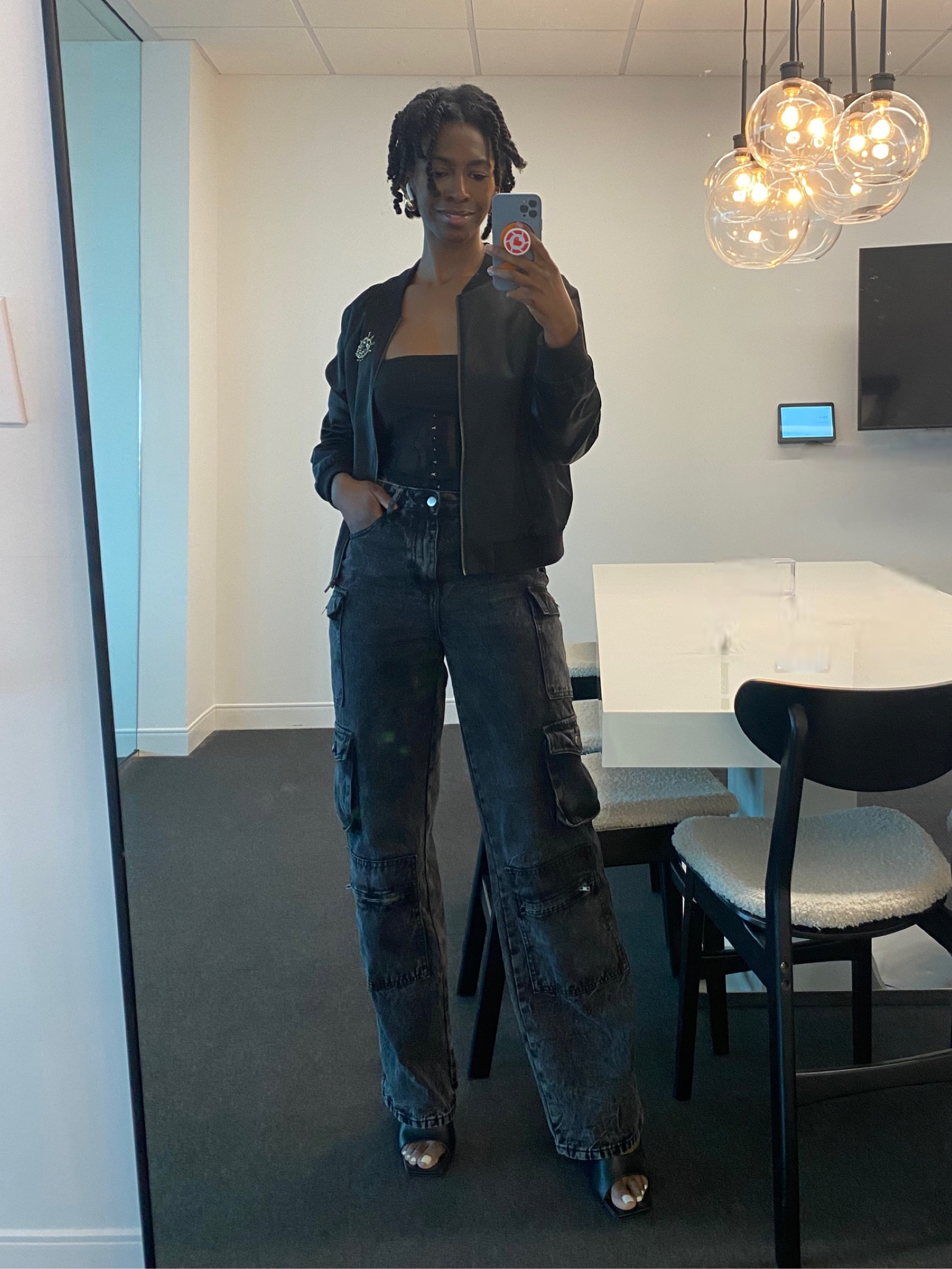 Extremely rare sighting of me in all black! Weekly Wednesday office day. They serve free lunch💃🏾

Work outfit, business casual, black outfit, cargo pants, cargo pants outfit, black cargo pants outfit, black cargo pants, bomber jacket, black bomber jacket, tube top, black tube top, Amazon fashion, monochromatic outfit, black heels, mules, black mules, open toe sandals, bottega dupe earrings 

#LTKunder50 #LTKworkwear #LTKstyletip