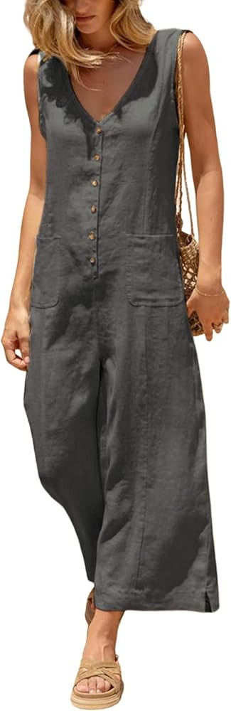 Yeokou Women Button Down Jumpsuits Cotton Linen Sleeveless Casual Wide Legs Rompers Loose Overall... | Amazon (US)