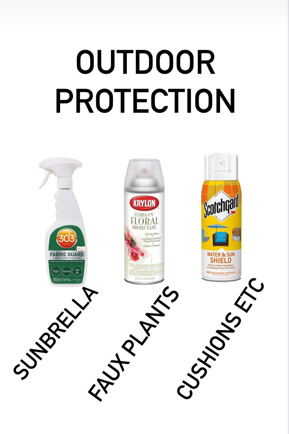 Protect your faux plants, outdoor furniture and anything that isn’t UV protected! Also, you can give extra protection to SUNBRELLA that is in direct sunlight but only use 303 Fabric protector (never use Scotchguard on Sunbrella! 

#LTKstyletip #LTKhome #LTKunder50