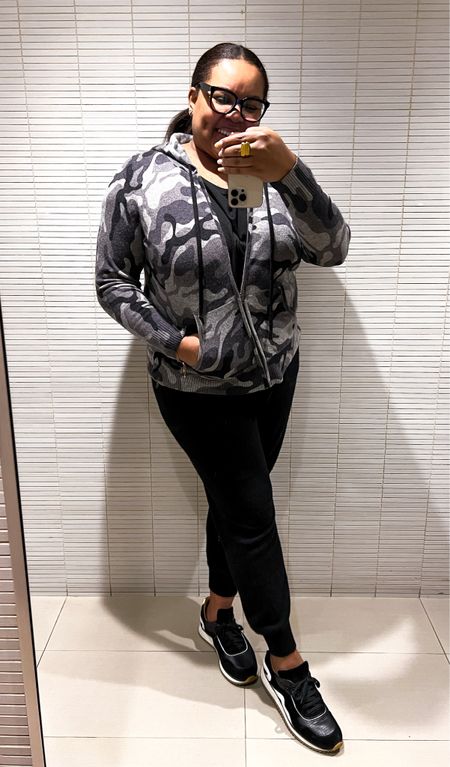 Casual Monday. Cashmere jogger and hoodie on sale in select colors. Midsize style inspo, casual outfit, camo hoodie, black suede sneakers. #ltkseasonal #ltkover40 

#LTKsalealert #LTKstyletip #LTKmidsize