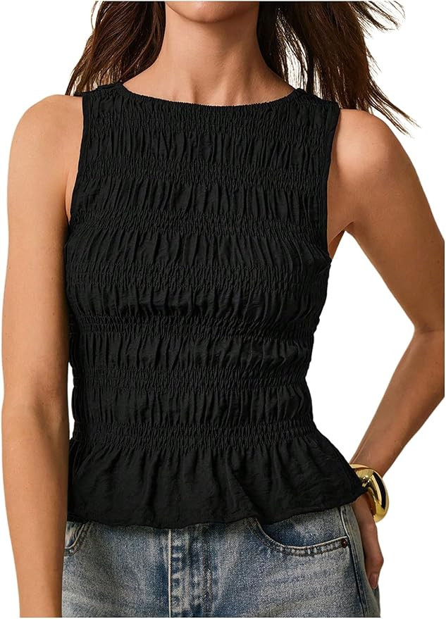 Milumia Women's Sleeveless Crewneck Frill Smocked Ruffle Crop Top Shirred Tank Top Shirt | Amazon (US)