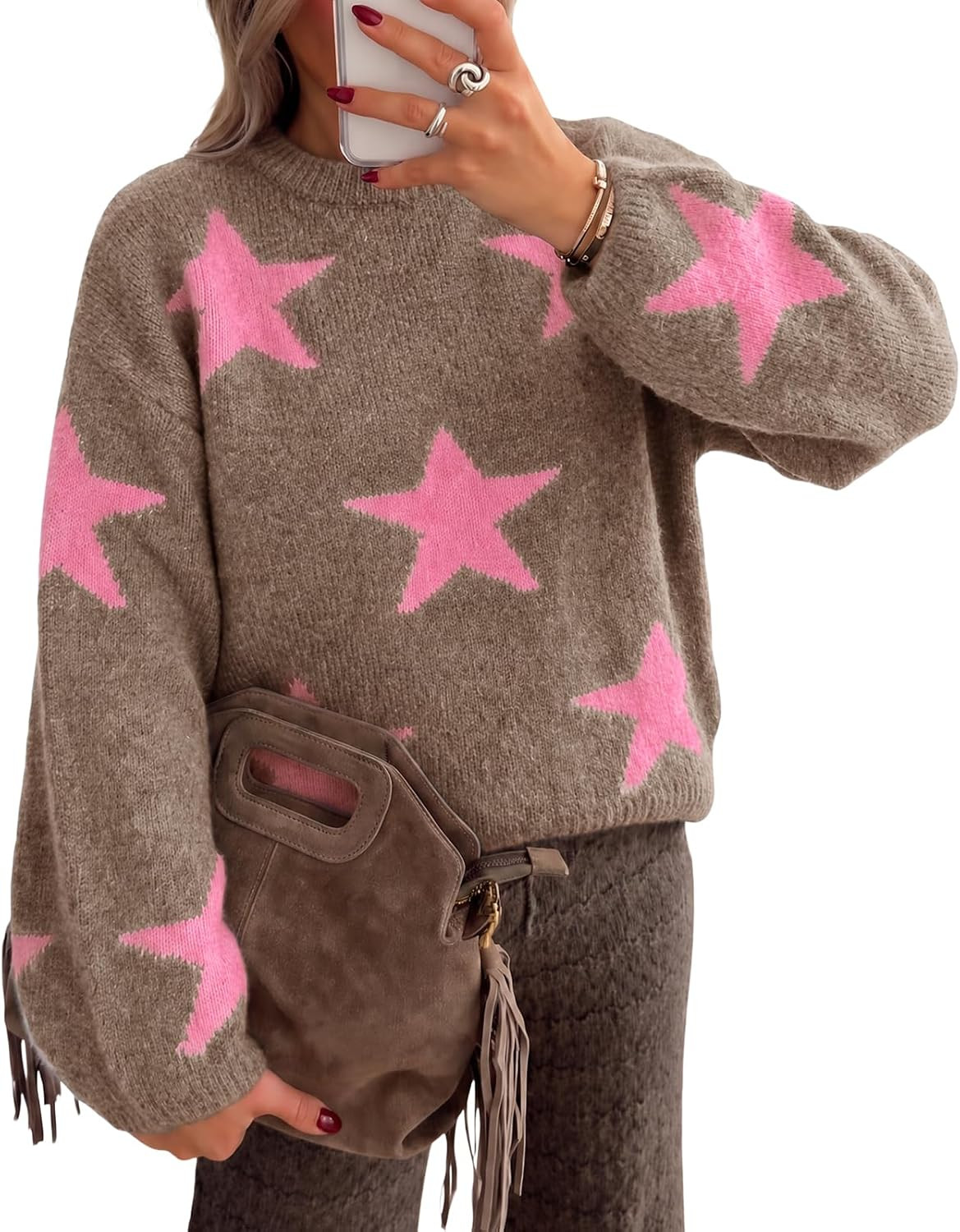 Cicy Bell Women Star Pattern Pullover Sweater Crew Neck Long Sleeve Sweater | Amazon (US)
