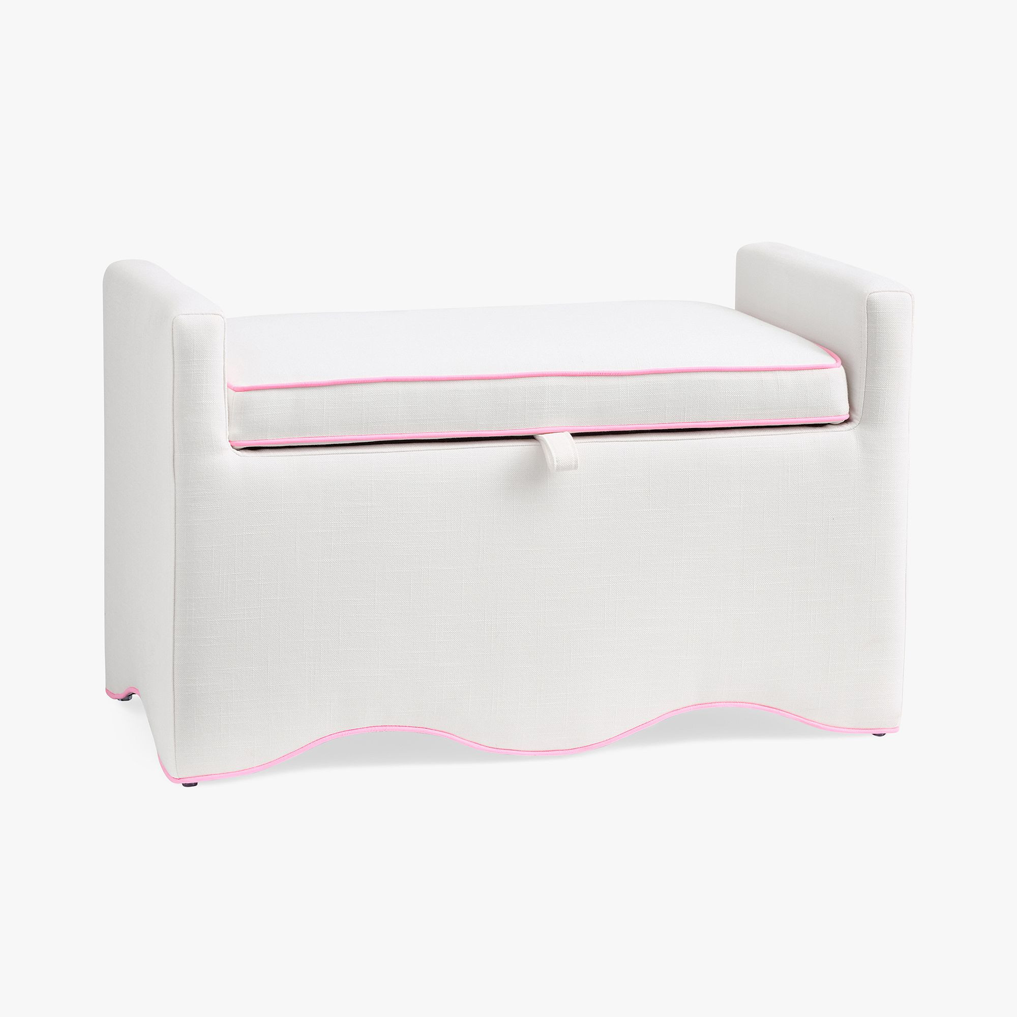 Performance Linen Blend White and Pink Wavy Piped Storage Settee (36.5") | Pottery Barn Teen
