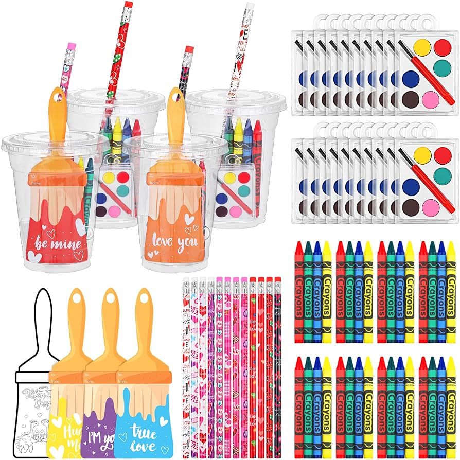 HOBBY HORSE 24 Set Valentines Day Cards Mini Watercolor Paint Bulk with Cups Crayons Pencils Funn... | Amazon (US)