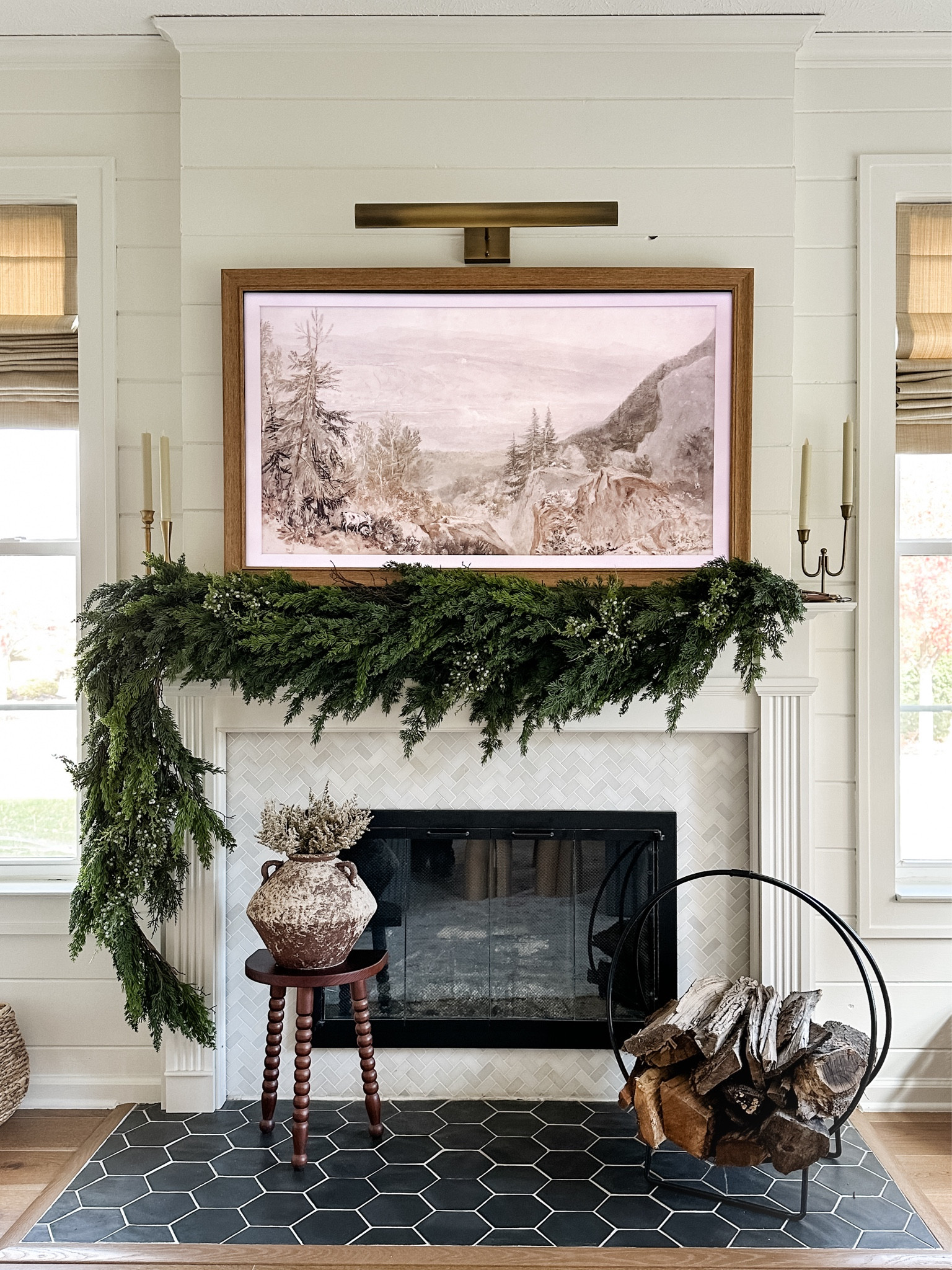 Holiday mantel: Amazon cedar garland for the win. Loving those fresh look! I used 4 garlands. One is afloral because I only had 3 Amazon ones on hand, but they’re SO similar you can’t tell. Also had some juniper berry picks already, so I added those too. 

#LTKSeasonal #LTKHoliday #LTKHome