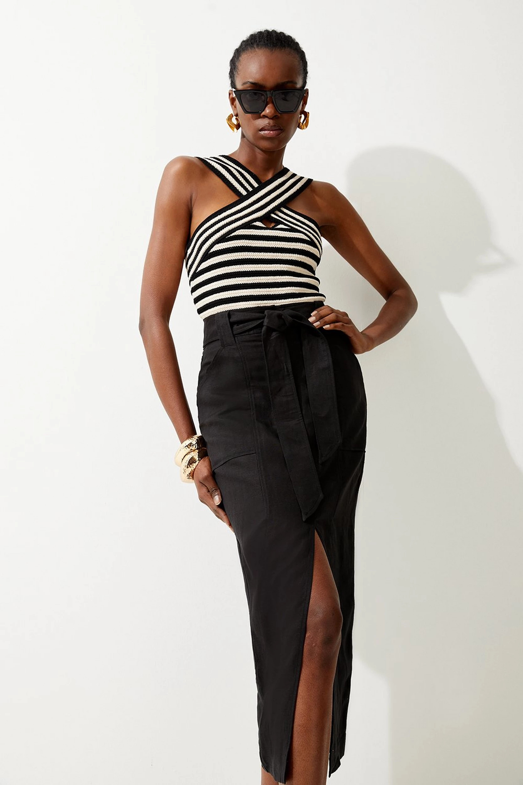 Linen Military Belted Column Maxi Skirt | Karen Millen UK + IE + DE + NL