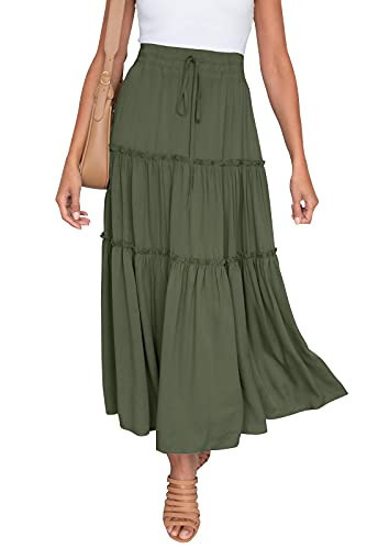 HAEOF Women's Summer Flowy Boho Maxi Skirt A Line Pleated Tiered Long Skirts with Pockets Fashion Beach Vacation Outfits (Army Green, M) | Amazon (US)