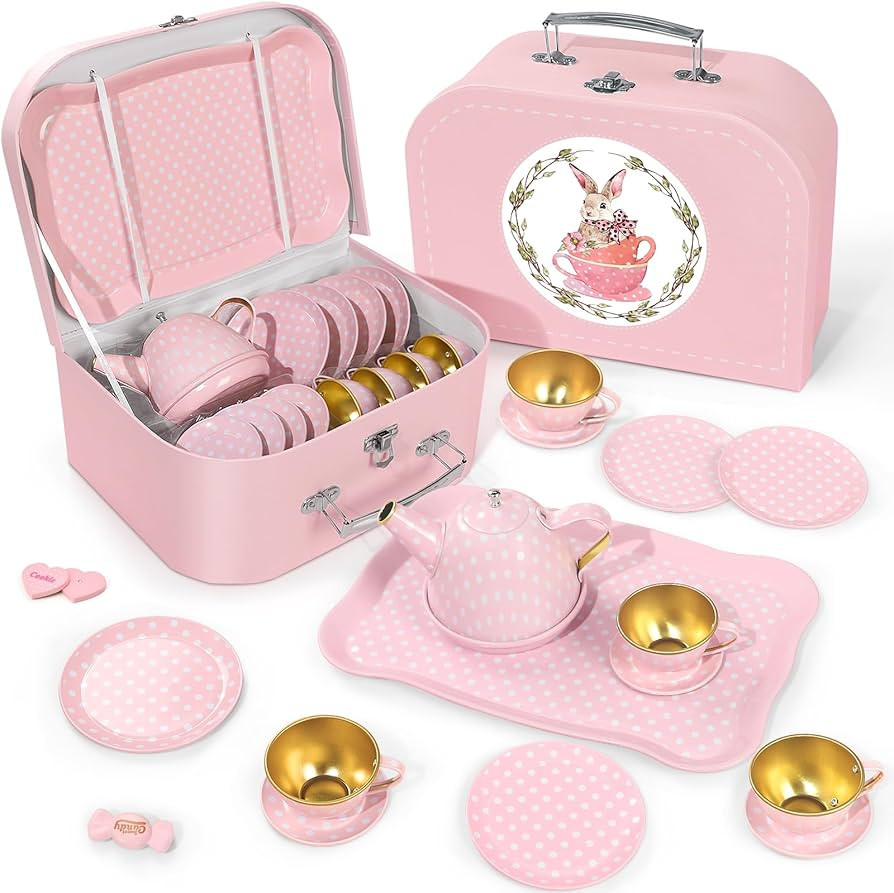 Tea Party Set for Little Girls, Princess Tea Time Toys Including Tin Teapot Set Cups Carrying Cas... | Amazon (US)