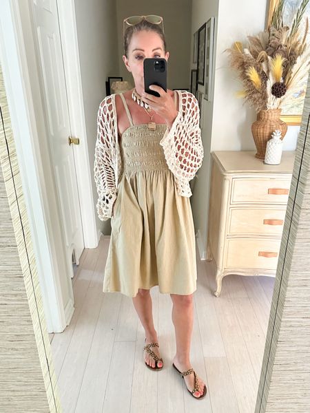 I shared this summer dress in yellow the other day which is so pretty. But I decided to bring the tan version home instead because it matches more of my summer outfits. Love it with this crochet cardigan and my seashell necklace. Plus it’s under $25!!! | smocked sleeveless dress | swim coverup | cotton dresss

#LTKSaleAlert #LTKOver40 #LTKSwim