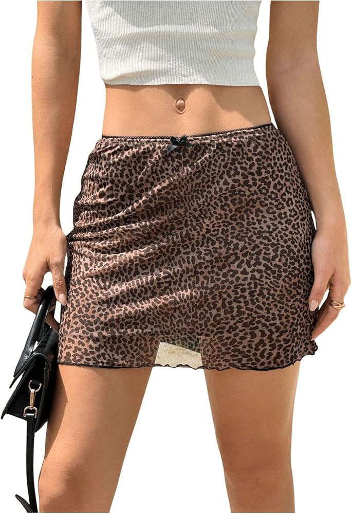 Floerns Women's Y2K Leopard Print Mesh Skirt Low Rise Lettuce Trim Bodycon Mini Skirts | Amazon (US)