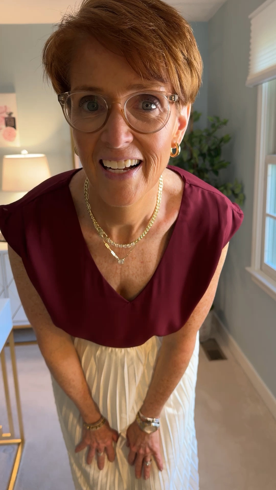 Cream and burgundy perfect for fall and the holidays!

* Burgundy V-Neck Chiffon Top: Lightweight with a gorgeous flow, this top easily transitions from day to night.

* Cream Pleated Skirt: A classic pleated design that pairs perfectly with both casual and dressy looks.

#LTKStyleTip #LTKHoliday #LTKOver40