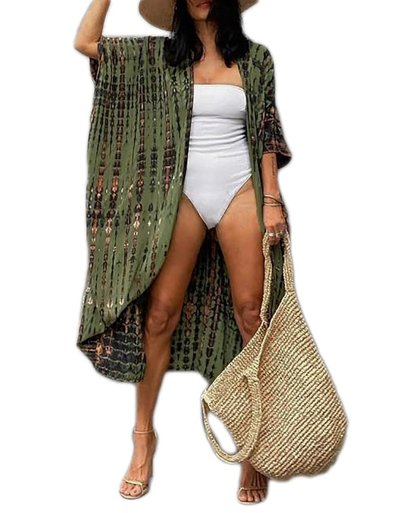 Bsubseach Stylish Tie Dye Open Front Long Kimono Swimsuit Cover Up for Women Swimwear Cover Ups | Amazon (US)
