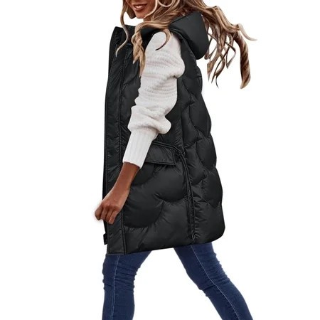 IROINNID Puffer Vest for Women Winter Warm Zip Up Vest Sleeveless Long Hooded Outerwear Puffer with Pockets Black | Walmart (US)