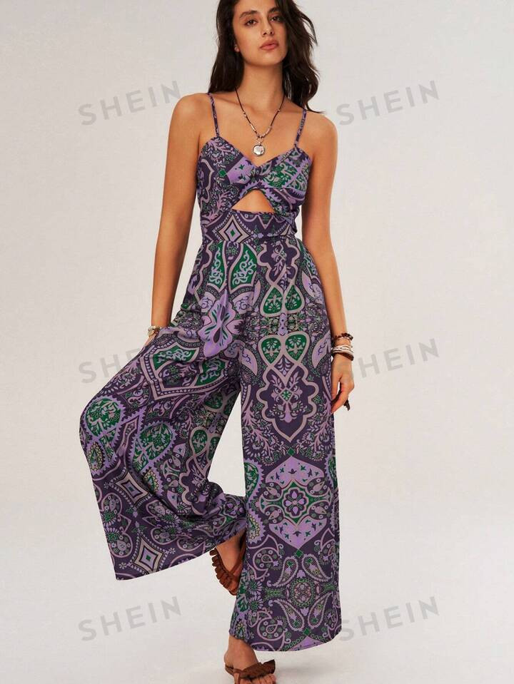 SHEIN BohoFeels Vacation Women Geometric Printed Hollow Out Wide Leg Jumpsuit With Waist Cutout D... | SHEIN