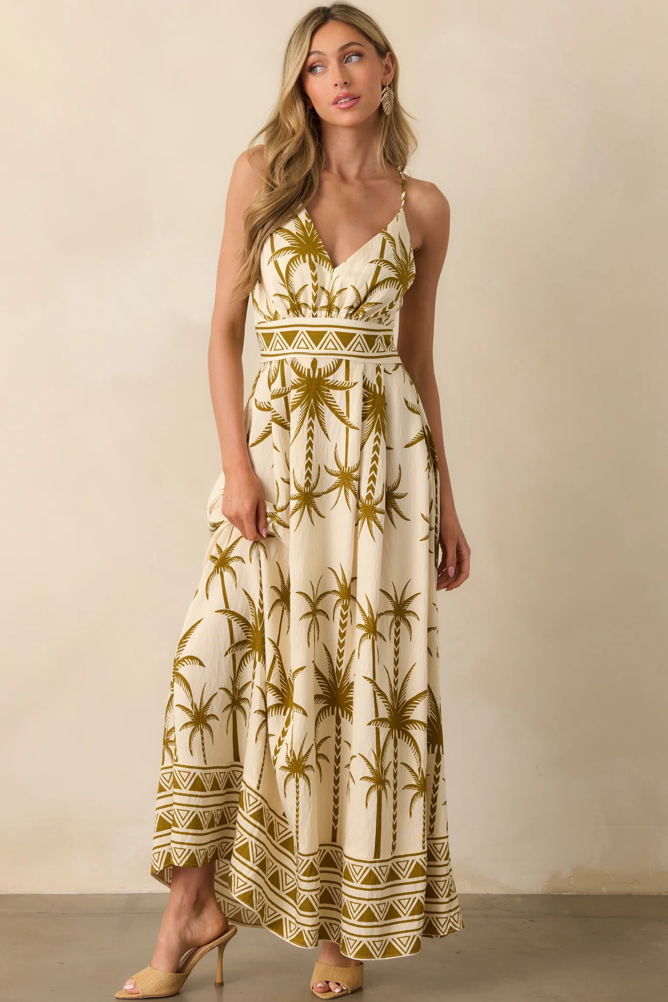 Found My Happy Place Tan Tropical Print Open Back Maxi Dress | Red Dress