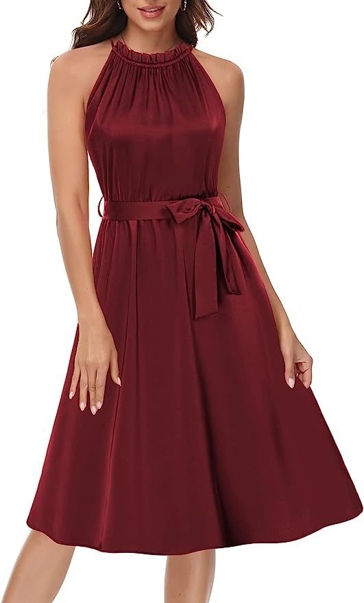 GRACE KARIN Women's Sleeveless Halter Neck Dress Midi Dress with Belt Pockets Dress Cocktail Dres... | Amazon (US)