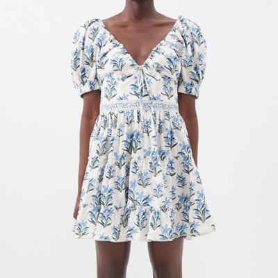 Agua Bendita Manzanilla Orquidea Celeste Mini Dress Blue Floral Ivory Cotton XL | eBay US
