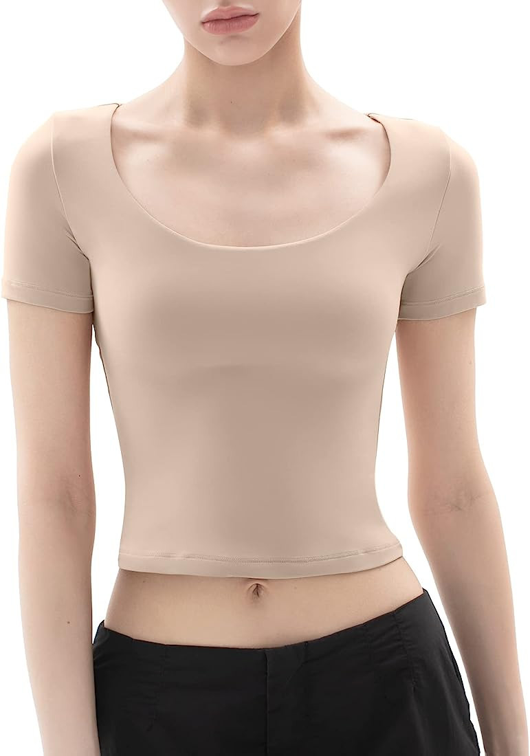 PUMIEY Women's Scoop Neck Short Sleeve T Shirt Slim Fit Sexy Tops Smoke Cloud Collection | Amazon (US)