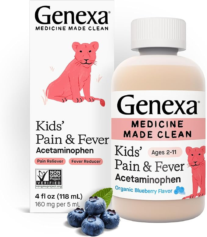 Genexa Kids’ Clean Pain & Fever Acetaminophen, Dye Free, Organic Blueberry Flavor, 0% Artifical... | Amazon (US)