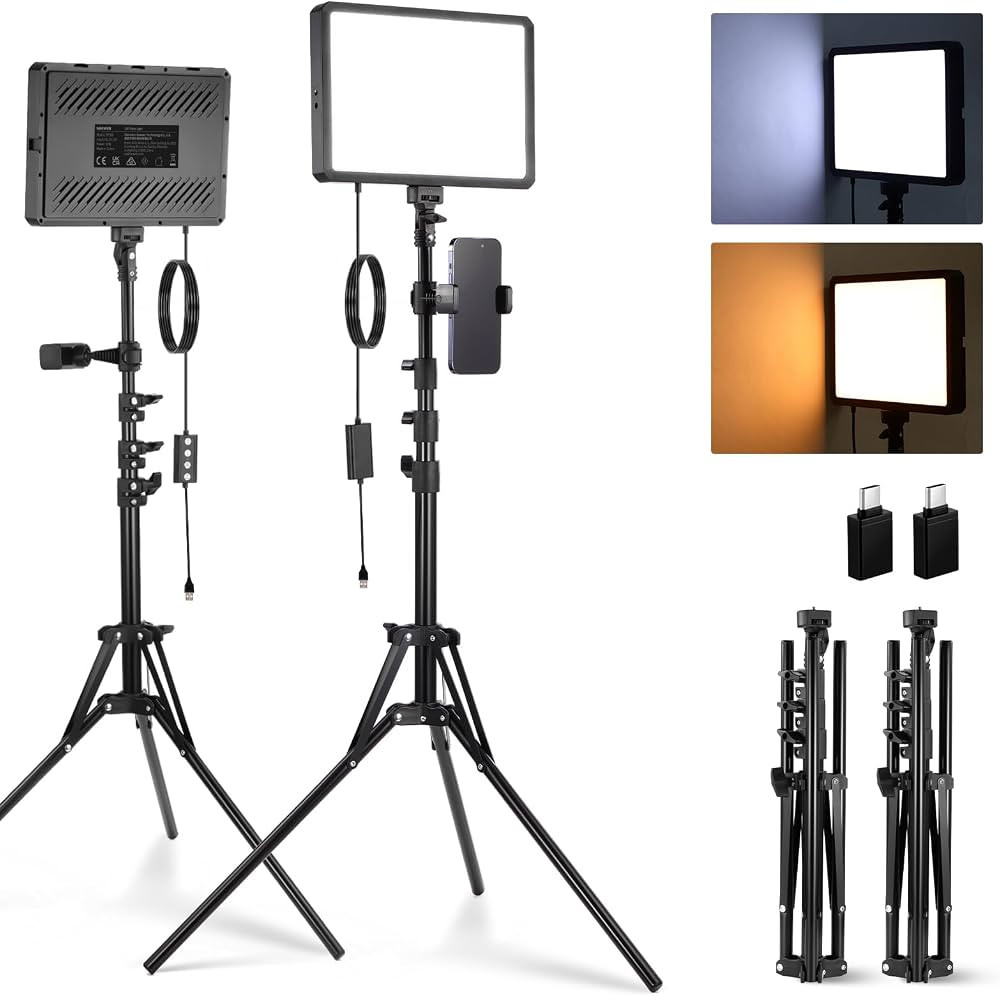 NEEWER Basics 2Pcs LED Video Light Panel with 59'' Tripod Stands/Phone Holders, 2700-6500K 850Lux... | Amazon (US)