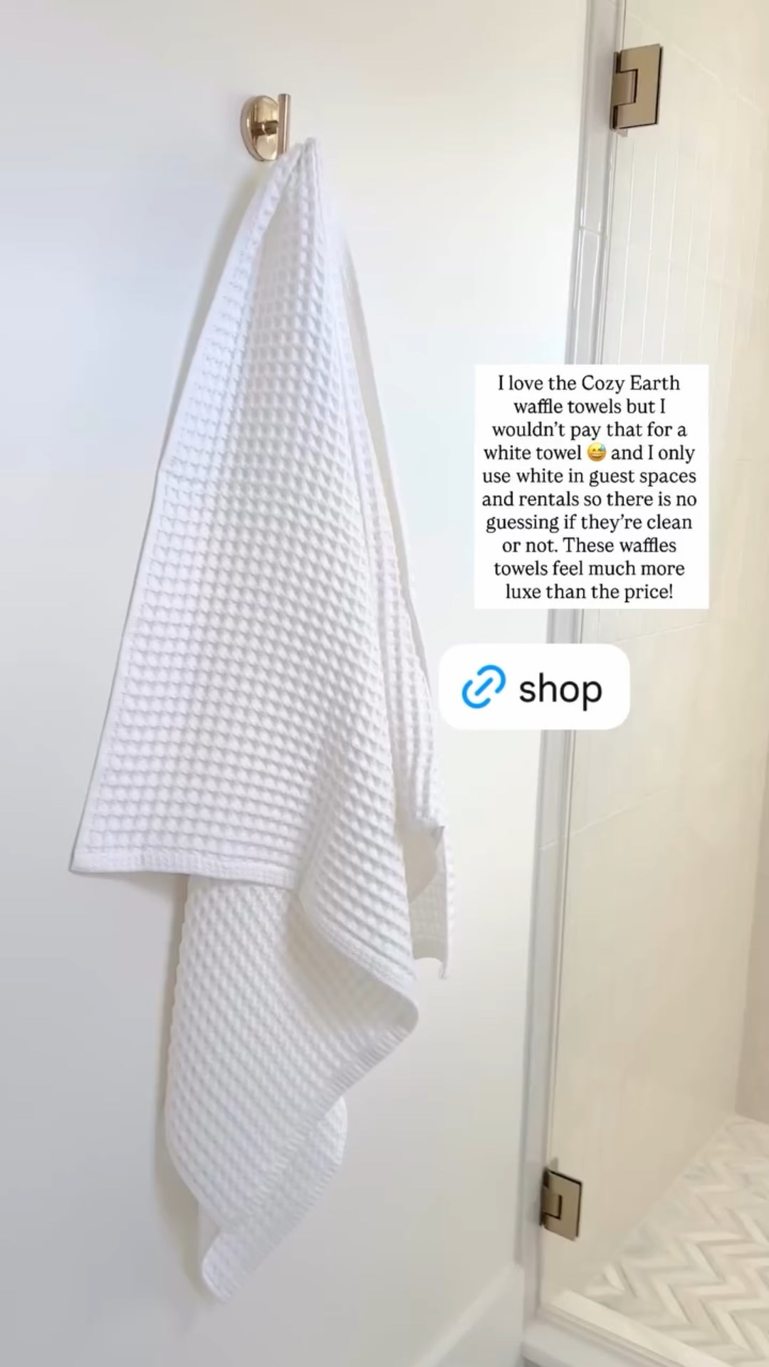 I love the Cozy Earth waffle towels but I wouldn’t pay that for a white towel 😅 and I only use white in guest spaces and rentals so there is no guessing if they’re clean or not. These waffles towels feel much more luxe than the price!