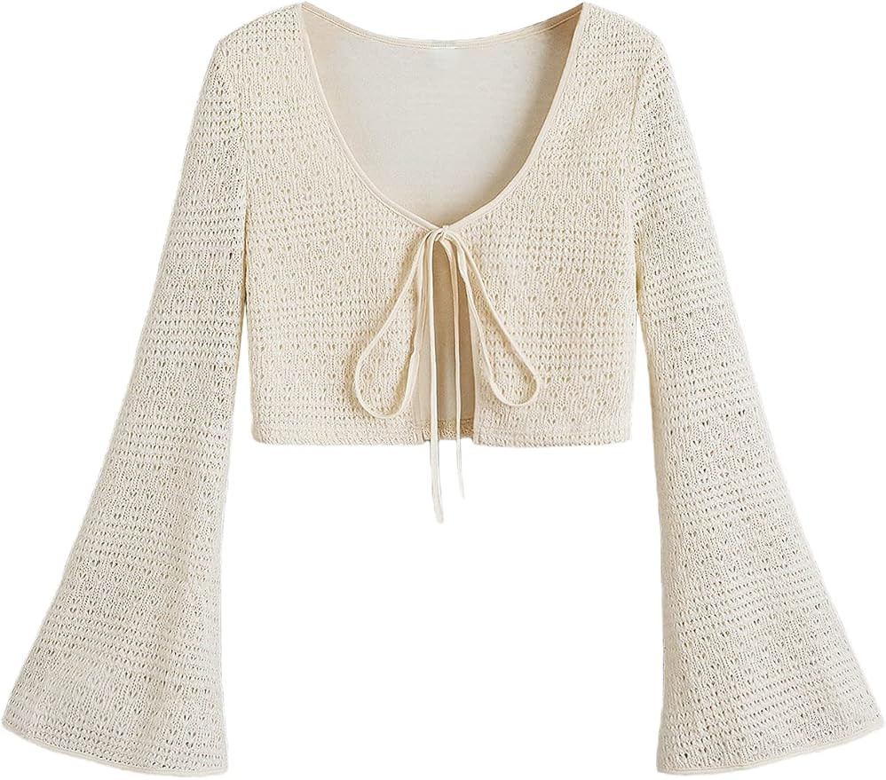 Verdusa Women's Tie Front Bell Long Sleeve Crop Cardigan Shrug Top | Amazon (US)