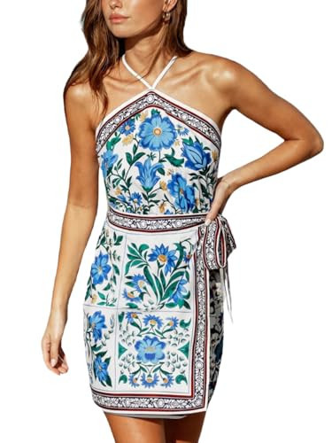 CUPSHE Women's Summer Dresses Floral Boho Halter Crisscross Backless Wrap Beach Vacation Smocked Mini Dress Blue, XL | Amazon (US)