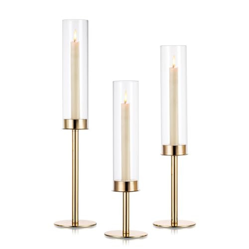 Candeldo Gold Hurricane Candlestick Holder: Taper Candle Holders for Wedding Glass Table Centerpiece for Dining Tables Set of 3 Tall Christmas Decoration Candle Stand | Amazon (US)