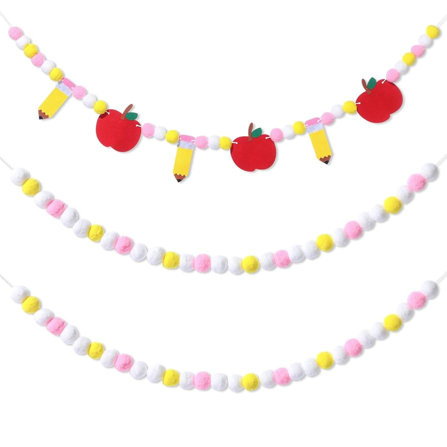 Breling 3 Pcs Back to School Decorations 10 ft Apple and Pencil Felt Ball Banner Cute Pompom Ball... | Amazon (US)